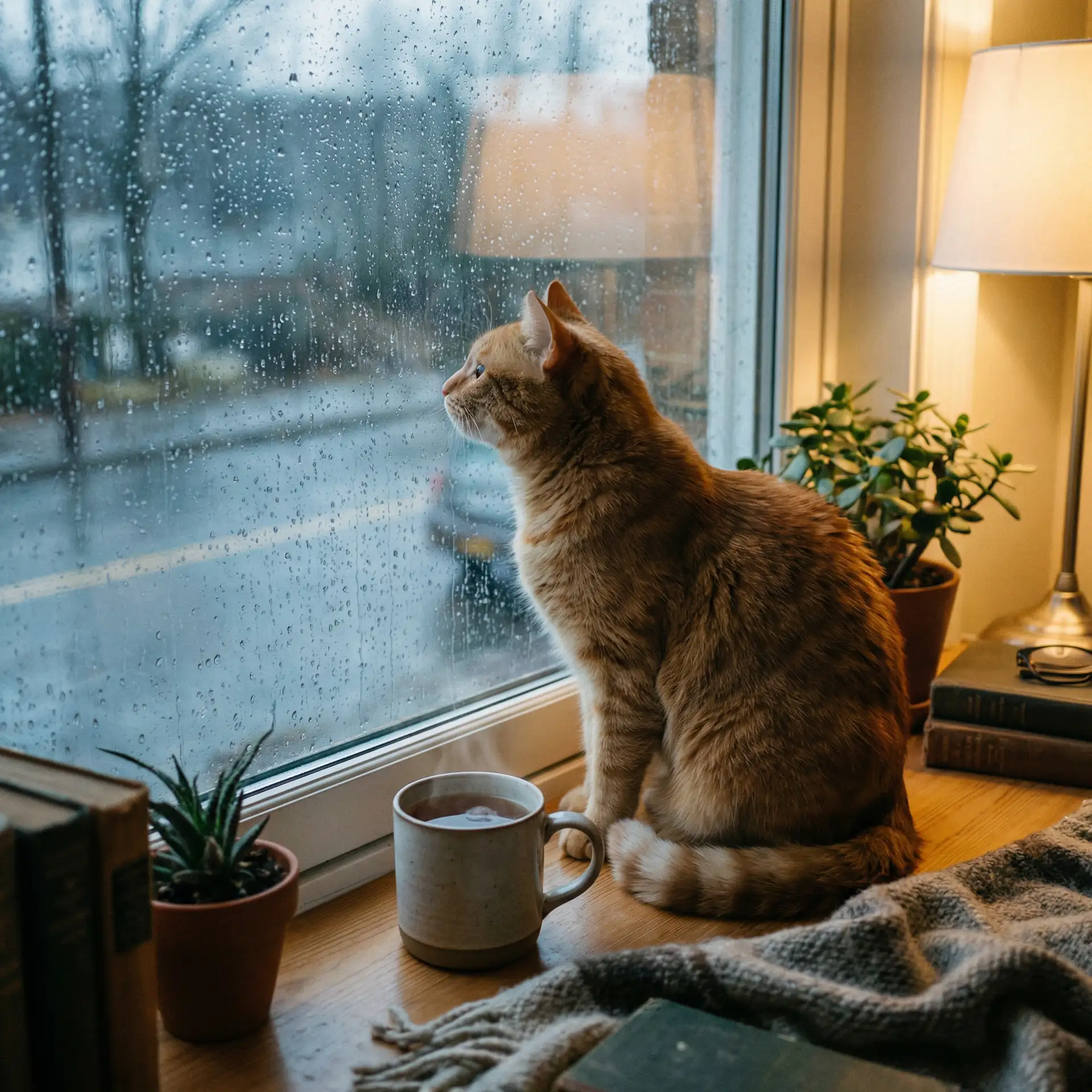 猫咪望着窗外的雨 - WRITEAS趴腿上